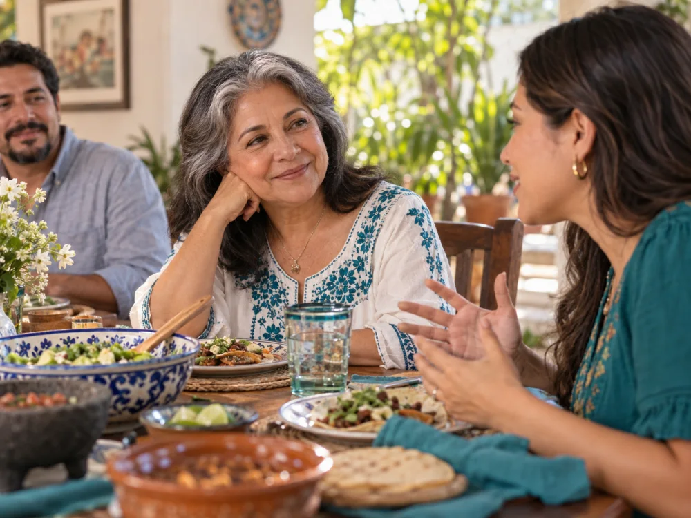 Escena ilustrativa de una conversación familiar en la mesa