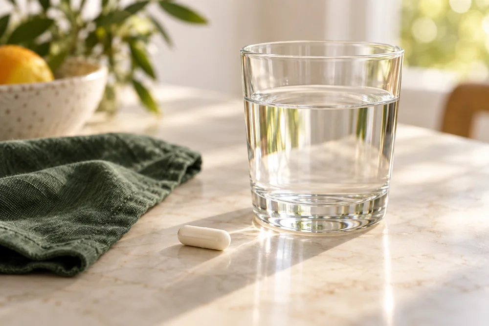 Escena ilustrativa: una cápsula junto a un vaso de agua
